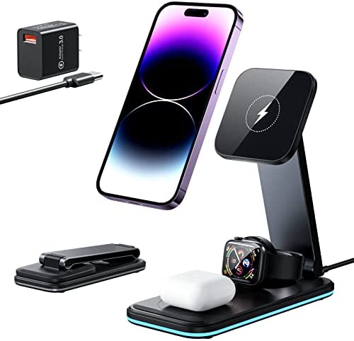 Aluminum Alloy Mag-Safe Wireless Charger, BOCLOUD Foldable 3 in 1 Wireless Charging Station Portable Fast Charger Stand for iPhone 14,13,12 Pro Max/Pro/Mini, iWatch 8/SE2/7/6/SE/5/4/3/2, AirPods
