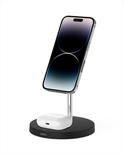 Belkin MagSafe 2-in-1 Wireless Charging Stand - Fast Wireless Charging for Apple iPhone 14, iPhone 13 & iPhone 12 series & AirPods - MagSafe Charging Station For Multiple Devices - Black
