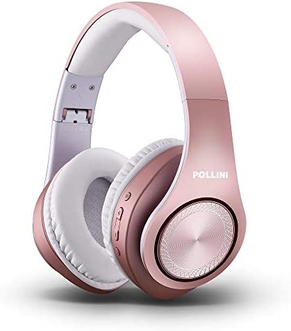 Bluetooth Headphones Wireless, pollini 40H Playtime Foldable Over Ear Headphones with Microphone, Deep Bass Stereo Headset with Soft Memory-Protein Earmuffs for iPhone/Android Cell Phone/PC(Rose Gold)
