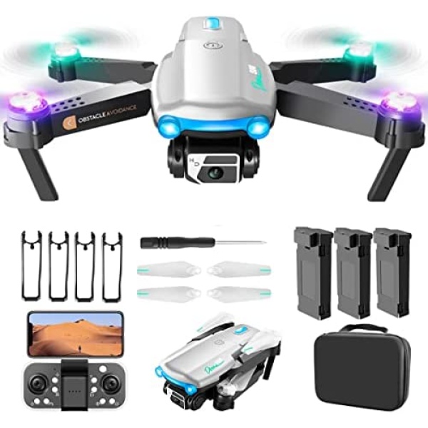 Drone with Camera for Adults Kids Beginners,Mini FPV Drones with 4K HD Dual Camera,Foldable RC Quadcopter Drone with with Altitude Hold, One Key Take Off/Landing with 3 Batteries RC Toys Gifts for Kids and Adults (Silver)