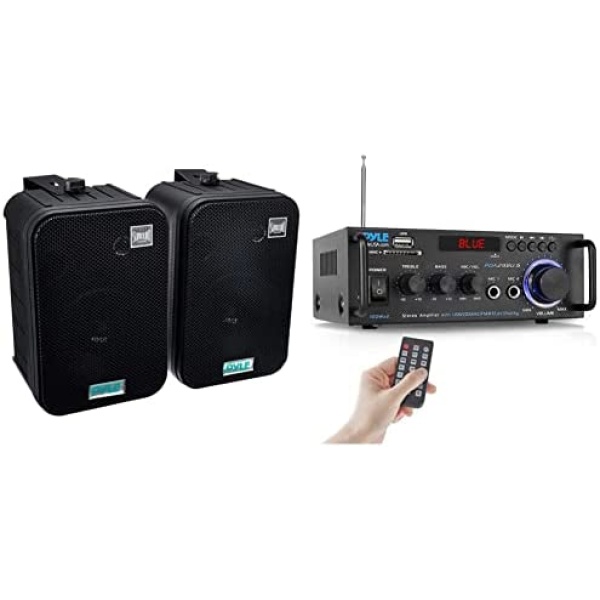 Dual Waterproof Outdoor -Speaker System - 6.5 Inch (Black) & Wireless Bluetooth Stereo Power Amplifier - 200W Dual Channel Sound Audio Stereo Receiver