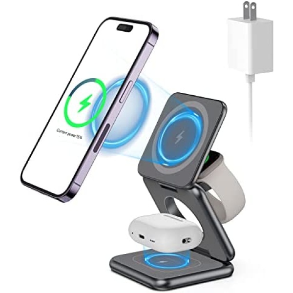 Foldable Magnetic Wireless Charger, Aluminum Alloy 3 in 1 Charging Station, KU XIU 15W Fast Mag-Safe Charger Stand for iPhone 14 13 12 Pro/Max/Plus, for AirPods 3/2/Pro, for iWatch (Adapter Included)