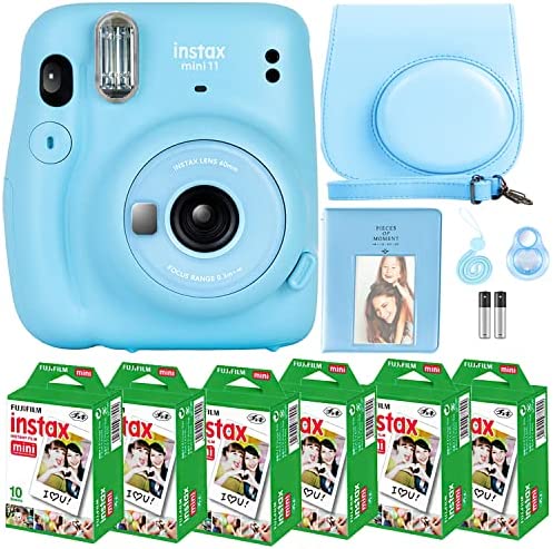 Fujifilm Instax Mini 11 Camera with Fujifilm Instant Mini Film (60 Sheets) Bundle with Deals Number One Accessories Including Carrying Case, Selfie Lens, Photo Album, Stickers (Sky Blue)
