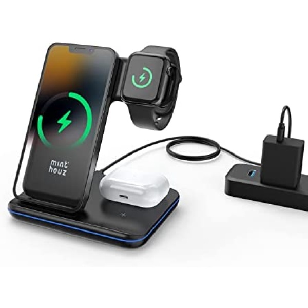 Minthouz 3 in 1 Wireless Charger, 18W Fast Wireless Charging Station for Multiple Devices Apple Watch, AirPods, Wireless Charger Stand Compatible with iPhone 14/13/12/11 Series, Samsung (with Adapter)