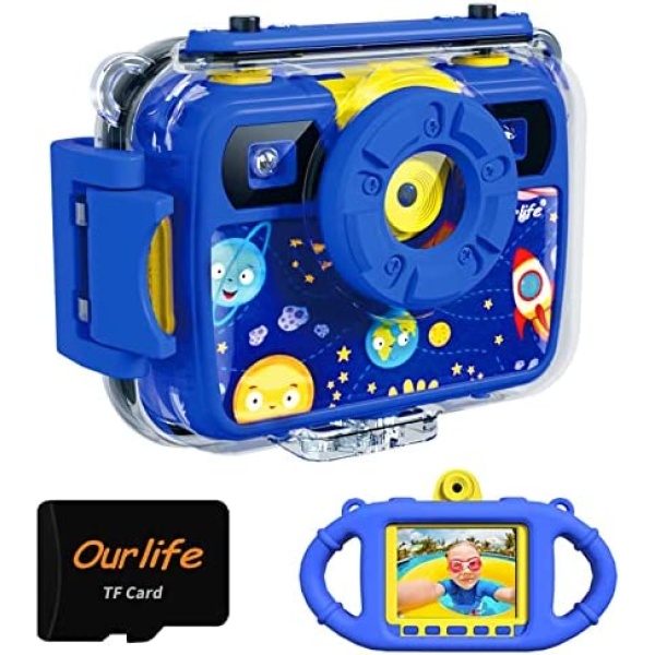 Ourlife Kids Camera, Selfie Waterproof Cameras Toys for Boys, 1080P 8MP 2.4 Inch Large Screen Cam with 8GB TF Card, Silicone Handle, Fill Light, Children Toddler Gift for Boys(Blue)