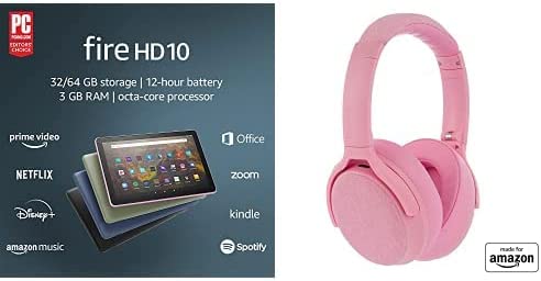 Tablet Bundle: Includes Amazon Fire HD 10 tablet, 10.1", 1080p Full HD, 32 GB (Lavender) & Made for Amazon Active Noise Cancelling Bluetooth Headphones (Rose)