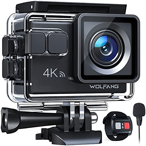 WOLFANG GA100 Action Camera 4K 20MP Waterproof 40M Underwater Camera EIS Stabilization WiFi 170° Wide Angle Helmet Camera (External Microphone, Remote Control, 2 Batteries and Accessory Kit)