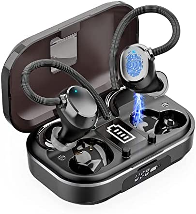 Wireless Earbuds Bluetooth 5.3 Headphones 48hrs Playtime Immersive Bass Bluetooth Earbuds IPX7 Waterproof Earphones with Earhooks Built-in Mic LED Display Headset for Sports Workout Gym Running Black
