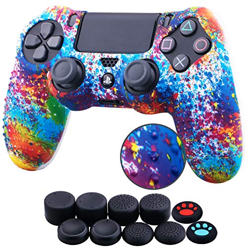 YoRHa Water Transfer Printing Dots Silicone Cover Skin Case for Sony PS4/slim/Pro Dualshock 4 Controller x 1(Spashing Paint) with Thumb Grips x 10