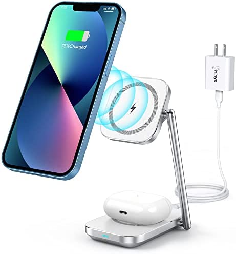 2-in-1 Foldable Magnetic Wireless Charger Stand with MagSafe Charging Station, 20W Fast Charging for iPhone 14 13 12 11/Pro/Pro Max/XS/XR/X/8, Samsung Phones, AirPods 3/Pro/2 (with PD Adapter)