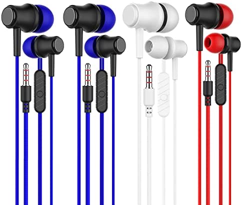 3.5mm Wired Earbuds with Microphone 4 Pack Stereo in-Ear Headphones, Wide Compatibility, Multi-Function for Computers Smartphones Tablets Laptops (2 Blue+1 Red+1 White)