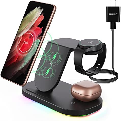 AIKULLI Wireless Charger for Samsung 3 in 1 Fast Charging Station for Samsung Galaxy Z Flip 4,3/Z Fold 4,3/S22/S21/S20/S10/S10e/S9/Note 20/10,Galaxy Watch 5 Pro/5/4/3/Active 2,Galaxy Buds 2 Pro