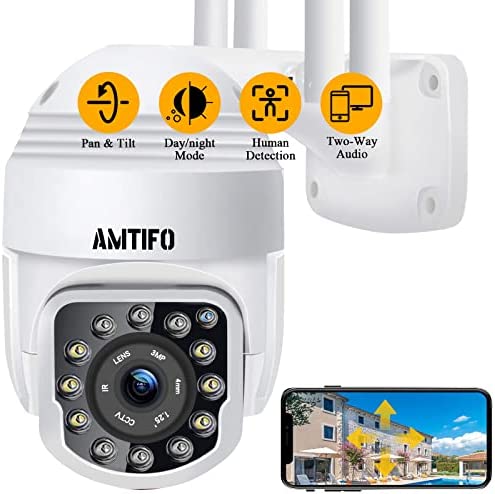 AMTIFO Security Camera Outdoor WiFi 1080P 360° Pan Tilt View Video IP Cam System Motion Detection Home Smart Surveillance Two Way Audio Clear Night Vision W2