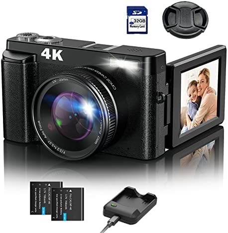 Aufoya 4K Digital Camera, Autofocus 48MP Video Camera Camcorder with 32GB Memory Card, 180° Flip Screen 16X Digital Zoom Vlogging Camera for YouTube with Battery Charger, 2 Batteries