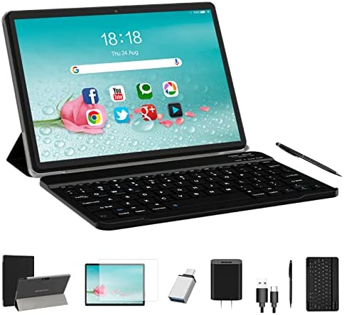 BAIWOYER Tablet 10.1" Newest 2023 Octa-Core Android 11 Tablet, 2 in 1 Tablet PC with 4GB+64/512GB Storage Tablet with Case, Keyboard, Stylus, 13MP Camera, Bluetooth, GPS, WiFi, IPS, 6000mAh (Black)