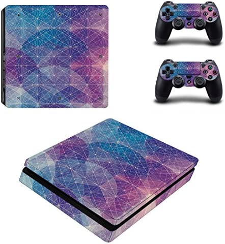 FOTTCZ Whole Body Vinyl Skin Sticker Decal Cover for PS4 Slim Console and 2PCS Controller Blue and Purple Geometric Grid and Circular