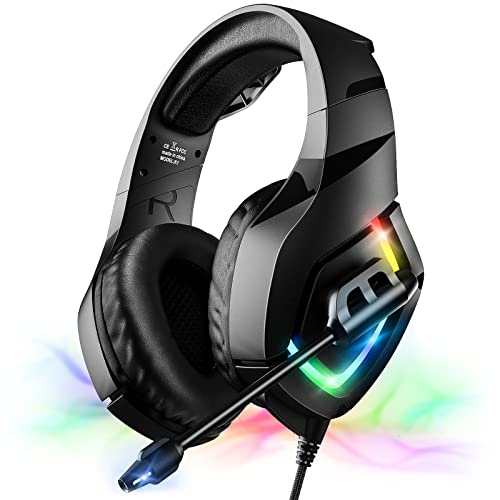 Gaming Headset for PS4 PS5 Xbox one PC, PS4 Headset with Noise Cancelling Mic, RGB Light, Soft Memory Earmuffs for Mac Laptop
