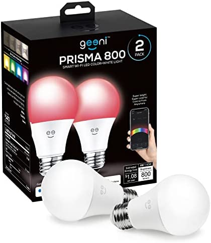 Geeni Prisma 800 2700K Dimmable A19, 60W Equivalent Color Changing RGBW LED Smart WiFi Light Bulb, Works with Alexa and Google Home, No Hub Required, Requires 2.4GHz WiFi  (2 Pack)
