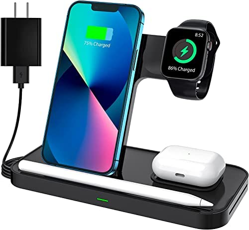 KKM Wireless Charger,15W 4 in 1 Fast Charger Station for iPhone 14/14 Max/14 Pro/14 Pro Max/13/12/11/iWatch 1-7/Air-Pods/Samsung S21/S20/S10,Tidy Storage(iWatch Charging Cable Not Included)