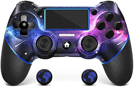 Replacement for PS4 Controller with 2 Thumb Grips, SAMINRA Design Starry Sky Custom V2 Wireless Game Controllers, Compatible with PS4, Slim, Pro and Windows PC