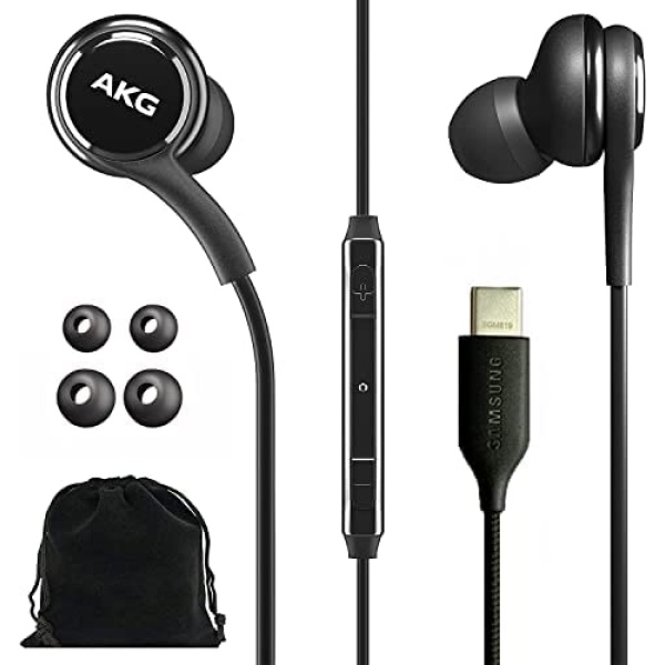 SAMSUNG AKG Wired Earbuds Original USB Type C in-Ear Earbud Headphones with Remote & Microphone for Music, Phone Calls, Work - Noise Isolating Deep Bass, Includes Velvet Carrying Pouch - Black