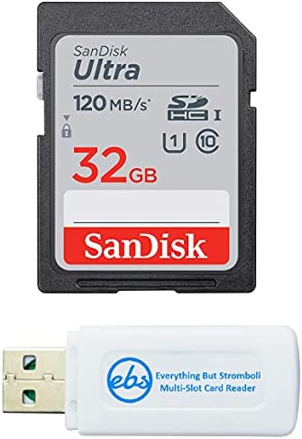 SanDisk 32GB SDHC SD Ultra Memory Card Works with Canon EOS Rebel T7, Rebel T6, 77D Digital Camera Class 10 (SDSDUN4-032G-GN6IN) Bundle with (1) Everything But Stromboli Combo Card Reader