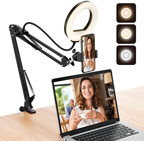 TXG Overhead Camera Mount with Ring Light, Suspension Boom Phone Arm Stand Compatible with iPhone Webcam, Dimmable Ringlight Desk Tripod Kit for Video Recording/YouTube/Tiktok/Vlog/Live Stream