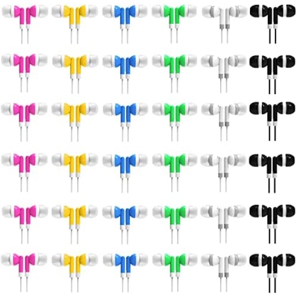 Wensdo Bulk Earbud Headphones 60 Packs for Classroom Kids, Wholesale Multi Colored Earphones Individually Bagged for Students, School, Library, Museums
