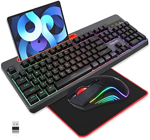 Wireless Gaming Keyboard and Mouse Combo,Snpurdiri True RGB Rechargeable Full Size Anti-ghosting Keyboard with Tablet/Phone Bracket, RGB Mouse,Long Battery Life for Gaming, Office