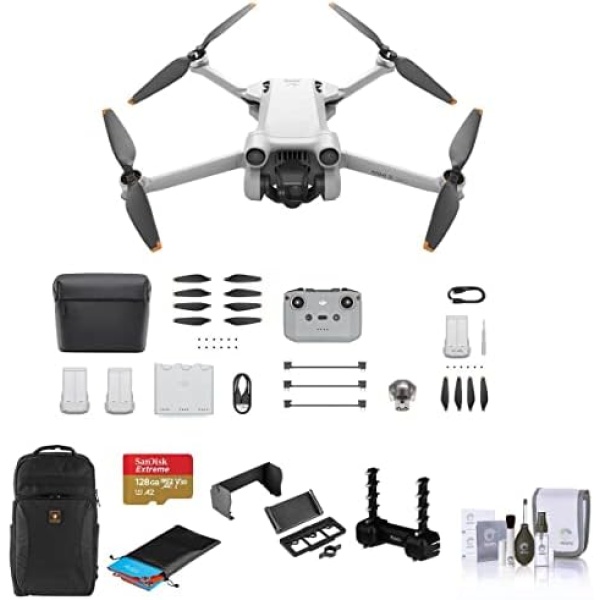 DJI Mini 3 Pro Drone with RC-N1 Remote Controller, Bundle with Fly More Kit, 128GB Memory Card, Backpack, Drone Strobe Light, Landing Pad, Holder, Sun Hood, Antenna, Cleaning Kit