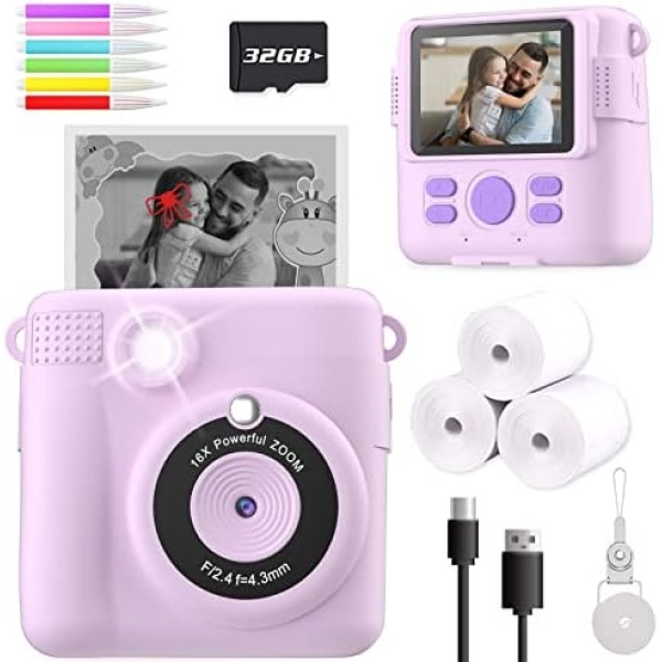 ESOXOFFORE Instant Print Camera for Kids, Christmas Birthday Gifts for Girls Boys Age 3-12, HD Digital Video Cameras for Toddler, Portable Toy for 4 5 6 7 8 9 10 Year Old Girl with 32GB SD Card-Purple
