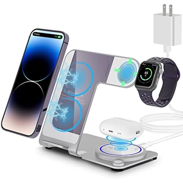 Wireless Charger, Aluminum Alloy 3 in 1 Wireless Charging Station for Apple iPhone/iWatch/Airpods,iPhone 14,13,12,11 (Pro, ProMax)/XS/XR/XS/X/8(Plus),iWatch8/7/6/SE/5/4/3/2,AirPods 3/2/pro