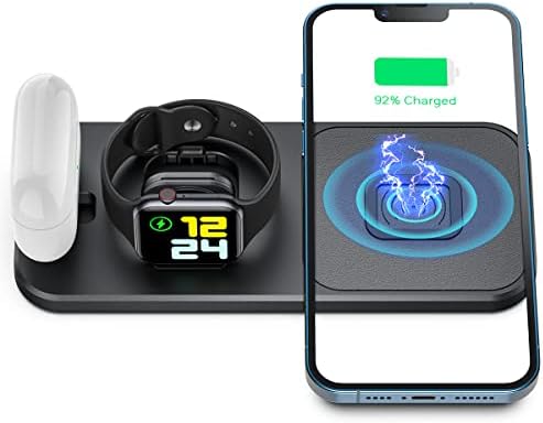XICPU Portable and Foldable 3 in 1 Wireless Charging Station, Fast Wireless Charger Stand for Apple Watch iPhone AirPods Black