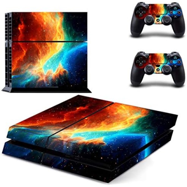 FOTTCZ PS4 Skin Whole Body Vinyl Skin Sticker Decal Cover for Playstation 4 Console and Two Controllers - Orange and Blue Nebula