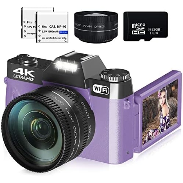 Digital Cameras for Photography, 4K 48MP Vlogging Camera for YouTube with WiFi, Manual Focus, 16X Digital Zoom, 52mm Wide Angle Lens & Macro Lens, 32GB TF Card and 2 Batteries(Purple)