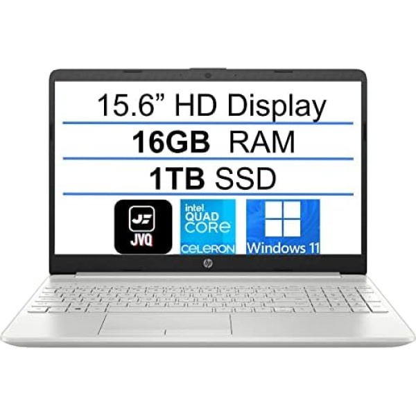 2022 Newest HP 15.6" HD Laptop Computer, Intel Celeron Quad-Core N4120(up to 2.6GHz), 16GB DDR4 RAM, 1TB SSD, HDMI, Bluetooth, Webcam, USB-C, RJ45 Ethernet, Windows 11S, Silver, JVQ Mousepad