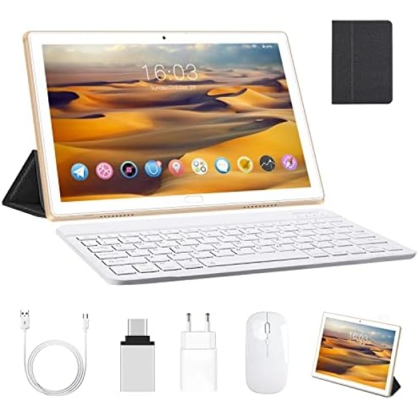 2023 Newest Tablet with Keyboard 10 Inch, Android Tablet Newest Octa-core Processor, 64GB ROM + 4GB RAM Storage, 256GB Expandable, 2 in 1 Tablet with Bluetooth, WiFi, 1920x1200 HD Display -Gold