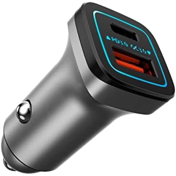 25W Car Charger, PD 3.0 Fast Charge Dual Port USB Type C and QC 3.0 USB A Cargador Carro Compatible with iPhone, iPad, Samsung Galaxy, LG, Google Pixel GPS, Z Play Droid, Motorola - Black