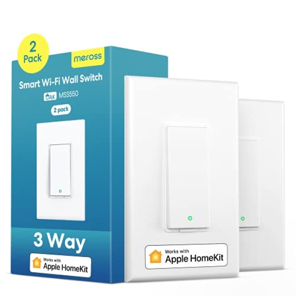 3 Way Smart Switch, Meross Smart Light Switch Supports Apple HomeKit, Siri, Alexa, Google Assistant & SmartThings, 2.4Ghz WiFi Light Switch Neutral Wire Required, Remote Control Timer 2 Pack