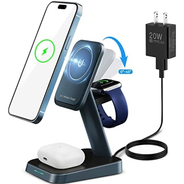 3 in 1 Magnetic Wireless Charging Station, 23W Fast Mag-Safe Charger Stand with QC3.0 Adapter, Metal Texture, for iPhone 14/13/12 Series, iWatch Ultra/8/7/6/5/4/3/2, AirPods