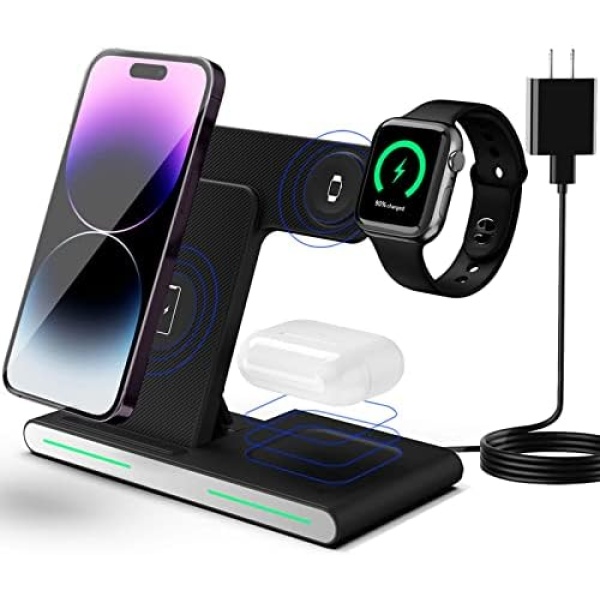3 in 1 Wireless Charger Wireless Charging Station for Apple Multiple Devices Foldable Stand Dock for iPhone 14 13 12 11 Pro Xs Max XR 8 Plus & Apple Watch Series 8 7 6 SE 5 4 3 AirPods with Adapter