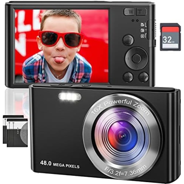 4K Digital Camera - 48MP Portable Camera with 32GB SD Card， Mini Digital VideoCamera 16X Digital Zoom Autofocus, Point and Shoot Camera for Students, Teens, Kids