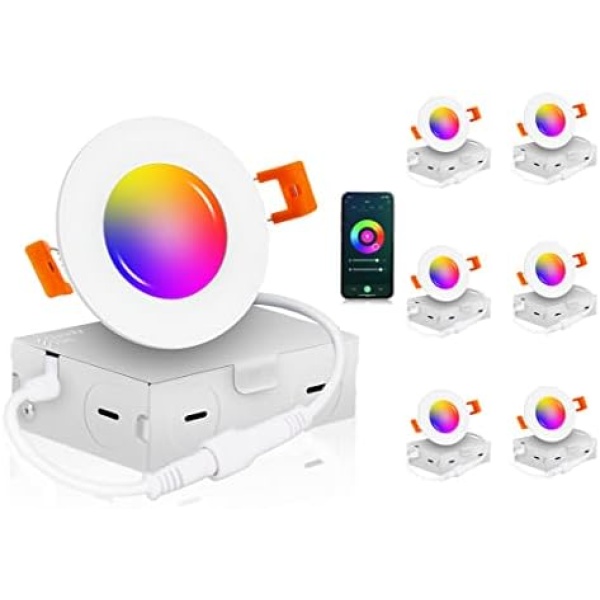[6 Pack] Cloudy Bay 3 inch Smart WiFi LED Recessed Lights,RGBCW Color Changing,Compatible with Alexa and Google Home Assistant,No Hub Required,2700K-6500K,IC Rated