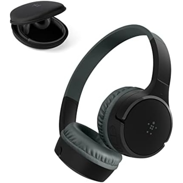 Belkin SoundForm Mini - Wireless Bluetooth Headphones for Kids with Built in Microphone - On-Ear - Bluetooth Earphones for iPhone, Fire Tablet & More - Black w/Case