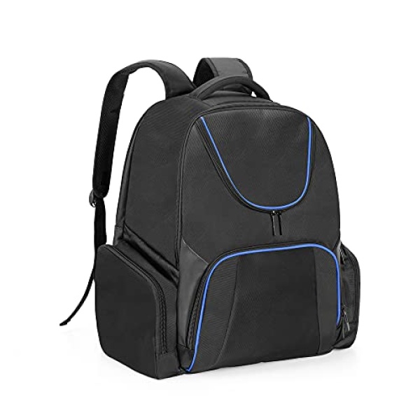 CURMIO Gaming Console Backpack Compatible with PS5, PS4 and PS4 Pro, Travel Carrying Case with Pockets for Controller, Headset and Game Accessories, Blue Stripe (Bag Only, Patent Pending)