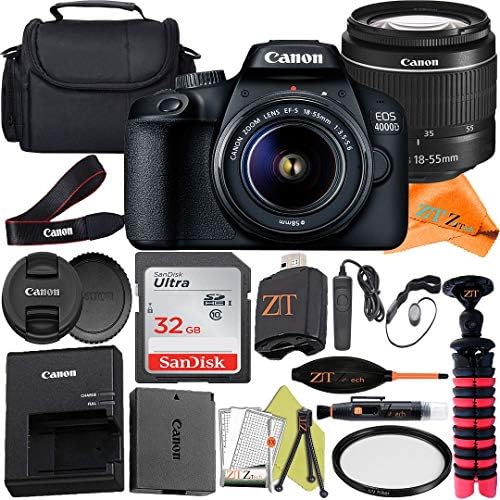 Canon EOS 4000D (Rebel T100) DSLR Camera 18-55mm Zoom Lens + ZeeTech Accessory Bundle with SanDisk 32GB Memory Card, Bag, Tripod and UV Filter (Renewed)