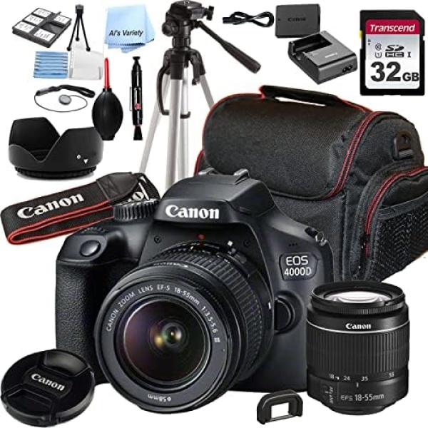 Canon EOS 4000D (Rebel T100) DSLR Camera w/EF-S 18-55mm F/3.5-5.6 Zoom Lens + 32GB Memory + Case + Tripod + Filters (20pc Bundle)
