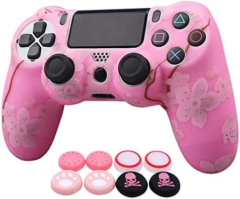 Cherry Blossoms PS4 Controller Skins RALAN,Sakura Silicone Controller Cover Skin Protector Compatible /PS4 Slim/PS4 Pro Controller (Pink Pro Thumb Grip x 6,Skull Cap Grip x 2).
