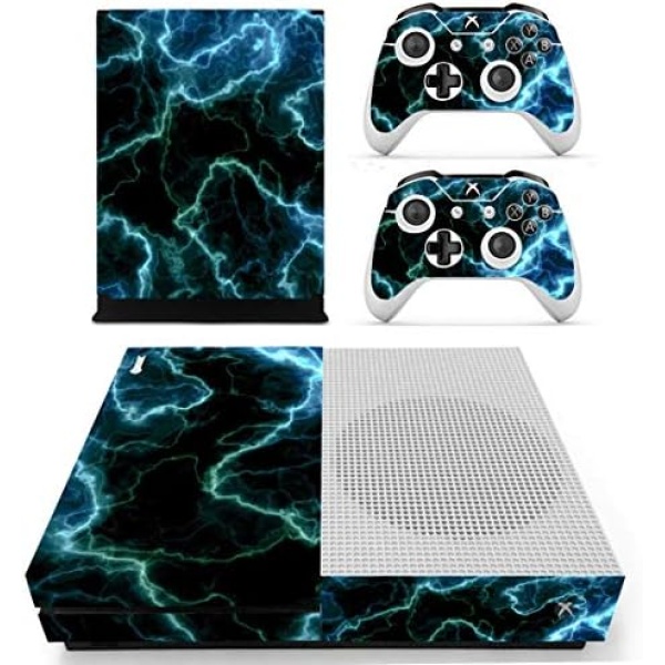 DOMILINA Protective Vinyl Skin Decal Cover for Microsoft Xbox One S Console wrap Sticker Skins with Two Free Wireless Controller - Cyan Lightnings