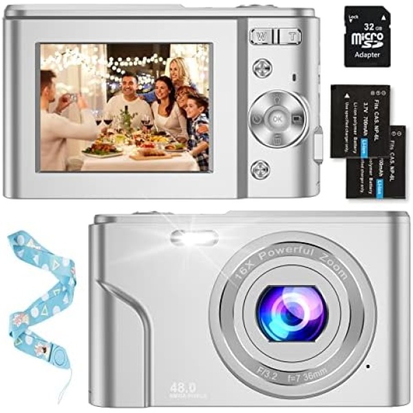 Digital Baby Camera for Kids Boys Girls Adults,1080P 48MP Kids Camera with 32GB SD Card,2.4 Inch Kids Digital Camera with 16X Digital Zoom, Compact Mini Camera Kid Camera for Kids/Teens（Silver）